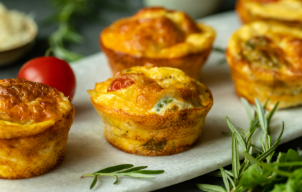 Fitness recept: reggeli tojásos muffin szemcsés sajttal, sonkával és paradicsommal