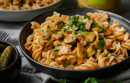 Fitness recept: tempeh stroganoff fehérjés tésztával